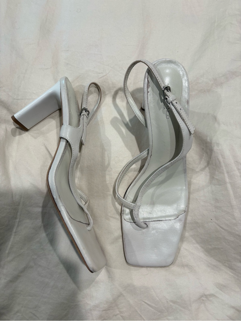 Tony Bianco white heeled thong sandals with ankle strap